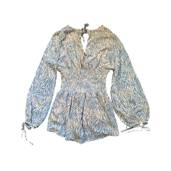 Just U In Blue Zebra Print Romper Medium Long Sleeve Smocked Waist Boho Festival - Picture 7 of 10